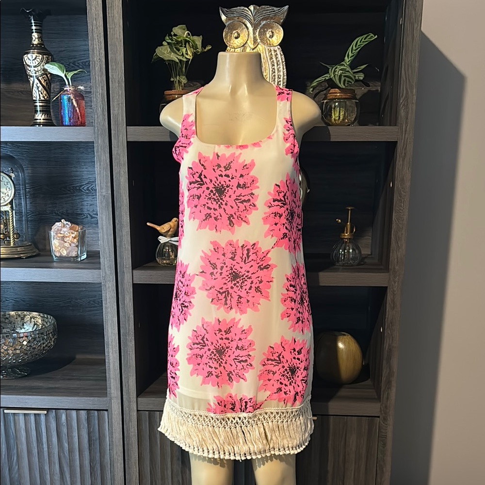Pink Floral Sleeveless Dress with Fringe Hem size S